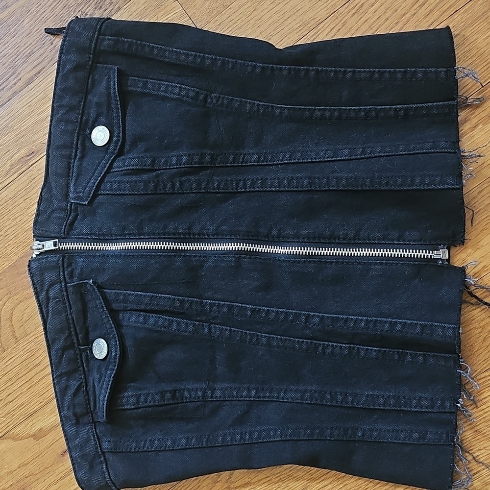 Zara Black Denim Corset Bustier Strapless Zip Front Top Size S Y2K